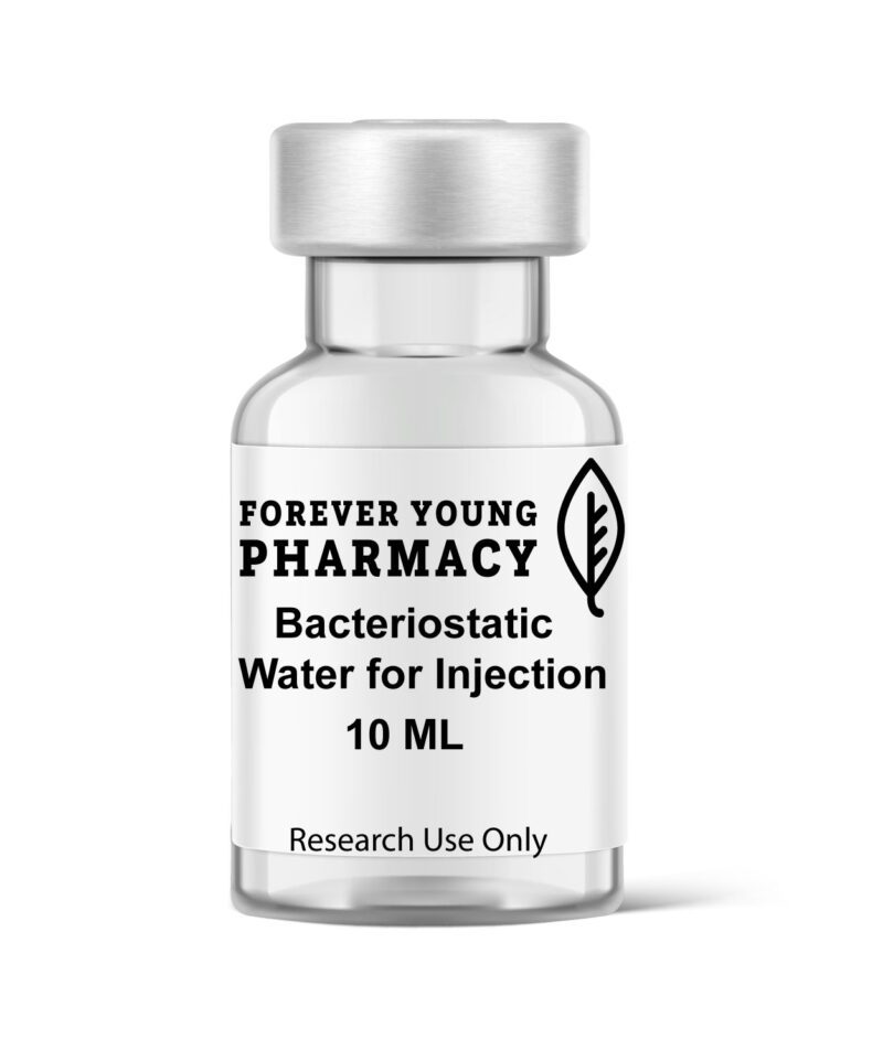 Image of a 10mL vial of Bacteriostatic Water from Forever Young Pharmacy, known for its high-quality health supplements, peptides, and peptide purity testing.