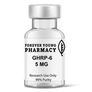 Image of a 5mg vial of GHRP-6 from Forever Young Pharmacy, known for its high-quality health supplements, peptides, and peptide purity testing.