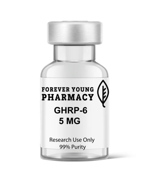 Image of a 5mg vial of GHRP-6 from Forever Young Pharmacy, known for its high-quality health supplements, peptides, and peptide purity testing.