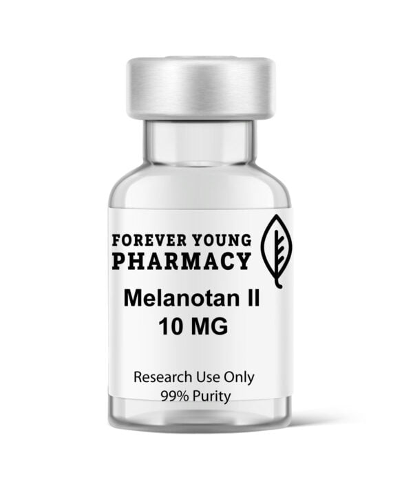 Image of a 10mg vial of Melanotan II from Forever Young Pharmacy, known for its high-quality health supplements, peptides, and peptide purity testing.