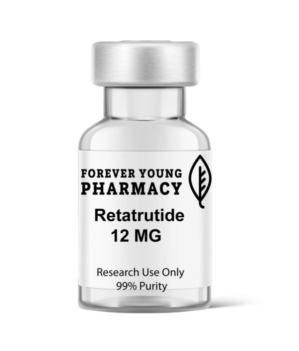 Image of a 12 mg vial of Retatrutide from Forever Young Pharmacy, known for its high-quality health supplements, peptides, and peptide purity testing.