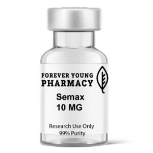 Image of a 10mg vial of Semax from Forever Young Pharmacy, known for its high-quality health supplements, peptides, and peptide purity testing.