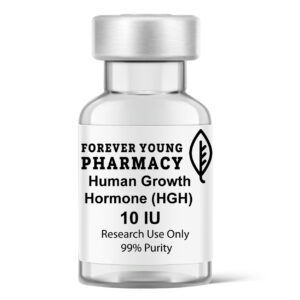 A vial of human growth hormone (HGH) from Forever Young Pharmacy