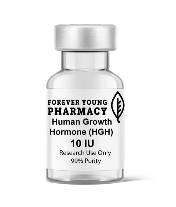 A vial of human growth hormone (HGH) from Forever Young Pharmacy