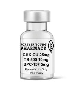 A vial of GLOW GHK-CU 25mg, TB-500 10mg, and BPC-157 5mg from Forever Young Pharmacy