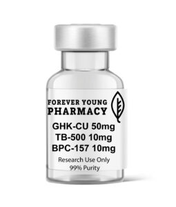 A vial of GLOW GHK-CU 50mg, TB-500 10mg, and BPC-157 10mg from Forever Young Pharmacy