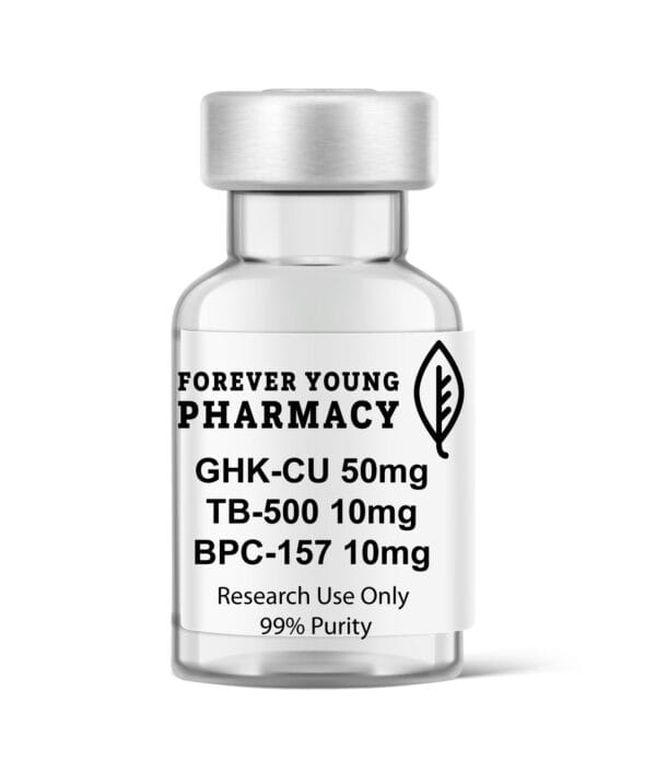 A vial of GLOW GHK-CU 50mg, TB-500 10mg, and BPC-157 10mg from Forever Young Pharmacy