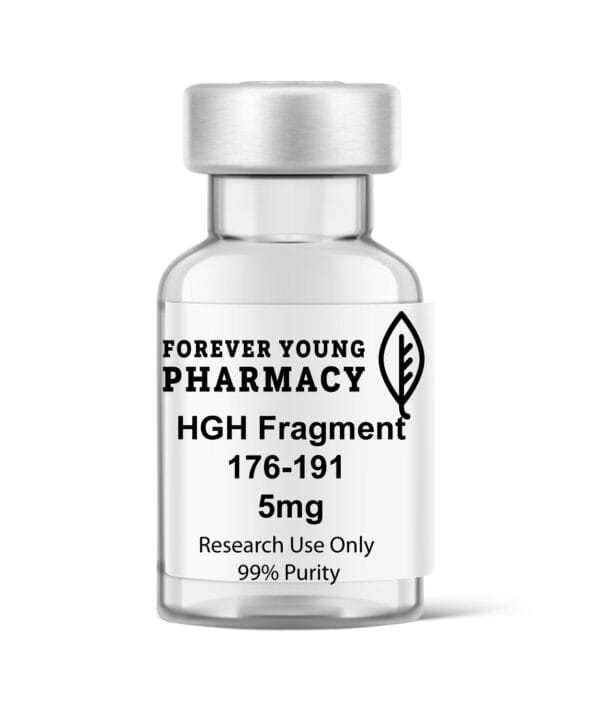 A vial of HGH Fragment 176-191 5mg from Forever Young Pharmacy