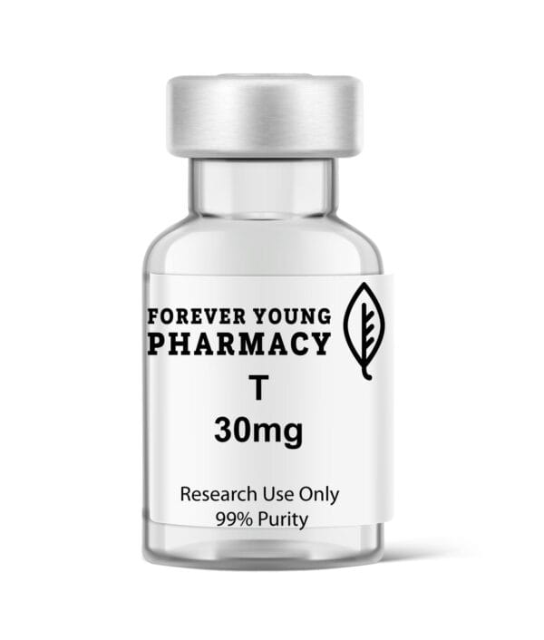 A 3mL vial of T 30mg from Forever Young Pharmacy